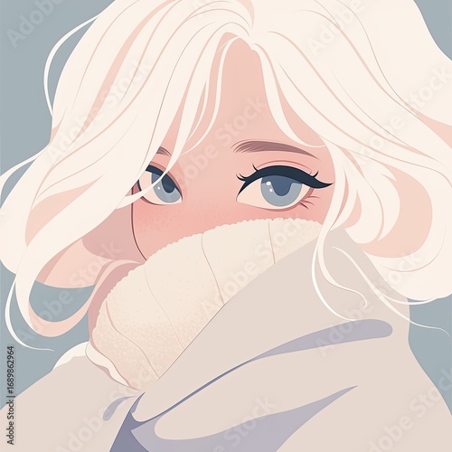 A girl with white hair and big blue eyes is drawn in a cute anime style. The simple background highlights her expressive face.