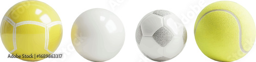 Four sports balls including tennis soccer and plain white ball