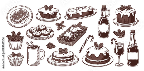 Vector illustration featuring a variety of Christmas-themed desserts and drinks, perfect for holiday designs and festive projects.
