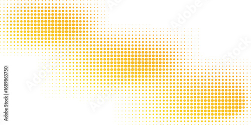 Yellow halftone pattern. Retro comic gradient background. Bright orange pixelated dotted texture overlay. Cartoon pop art faded gradient pattern. Vector Eps 10