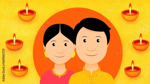 Celebrating diwali festival with joyful couple india digital art festive atmosphere front view culture and tradition
