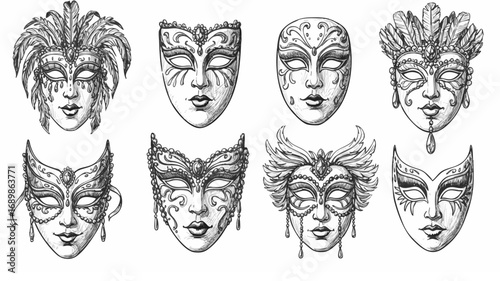 Elegant Venetian masquerade masks with feathers and jewels create an air of mystery and festivity