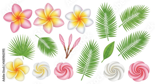 Frangipani Paradise Tropical Plumeria Blooms, Buds & Palm Leaves Set -12 Elements