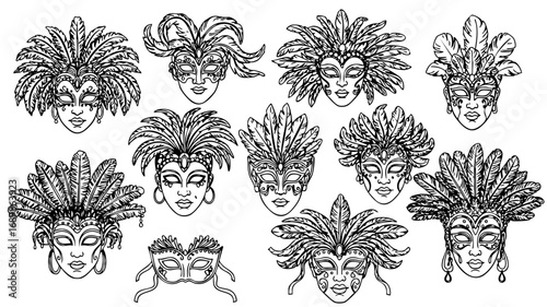 Elegant Venetian masquerade masks adorned with elaborate feathers and intricate designs for festive occasions