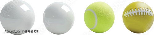 Four Balls Including Tennis and Baseball on White Keywords: balls, sports, equipment, tennis