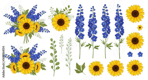 Sunflower and Blue Delphinium Floral Set Vector Elements for Wreaths and Bouquets