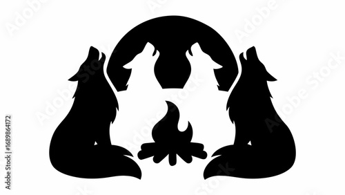 Three wolves howling at the moon around a campfire in black and white silhouette illustration style