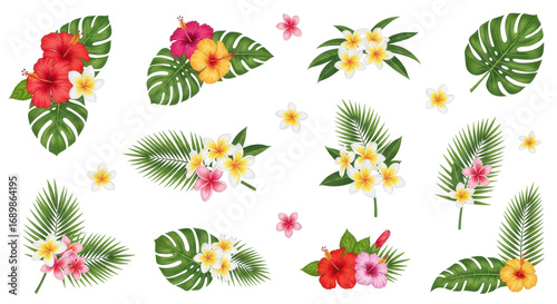 Vibrant Tropical Flower Set Hibiscus, Plumeria & Palm