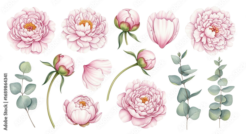 Fototapeta premium Exquisite Watercolor Peony and Eucalyptus Collection Soft Pink Blooms, Buds, and Greenery Sprigs for Botanical Designs