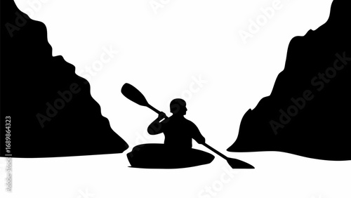 Silhouette of a person kayaking between two large rock formations with a paddle in the water scene view