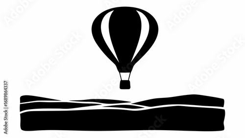 A black and white illustration of a hot air balloon floating above a landscape with wavy lines design element silhouette