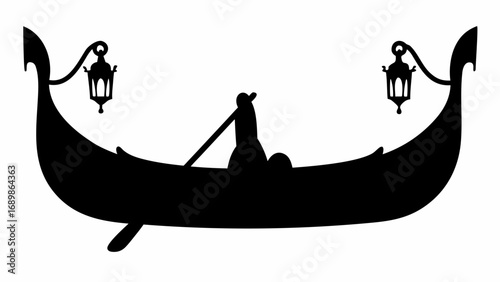 Silhouette of a gondola with a gondolier and two ornate lanterns on a white background showing detail