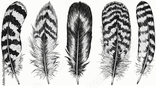 Intricate black and white feather collection showcasing natural patterns and delicate textures