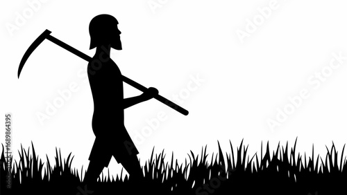 Silhouette of a man with a scythe over his shoulder walking through grass in a black and white image