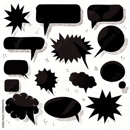 Vector set of various black comic graphic elements, including silhouettes of text boxes, speech bubbles, and explosion bursts for design