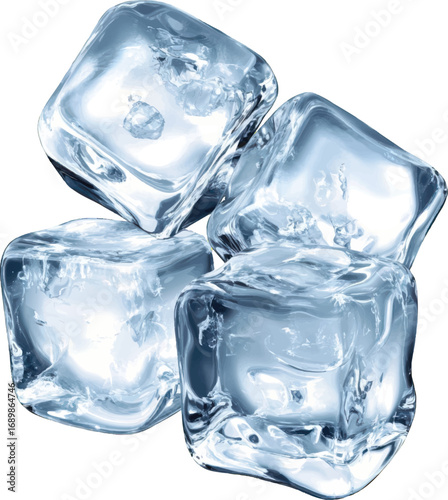 Four clear ice cubes stacked on a white background