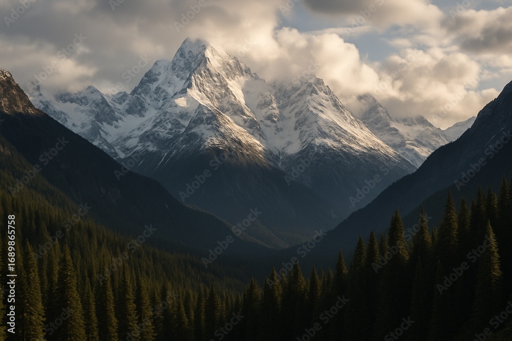 Obraz premium Sunlit Snowy Peak Over Forest Valley