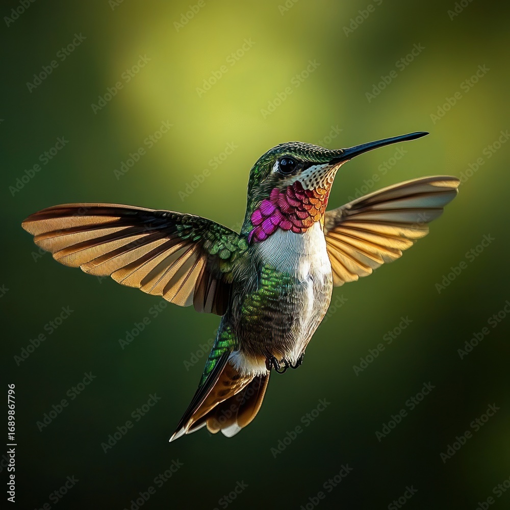 Fototapeta premium close-up of a colorful hummingbird in mid-flight with detailed iridescent feathers and spread wings against a blurred green background