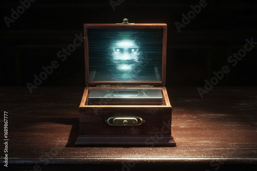 Vintage wooden music box with glitch ghost hologram, spooky Halloween decor on dark studio background.