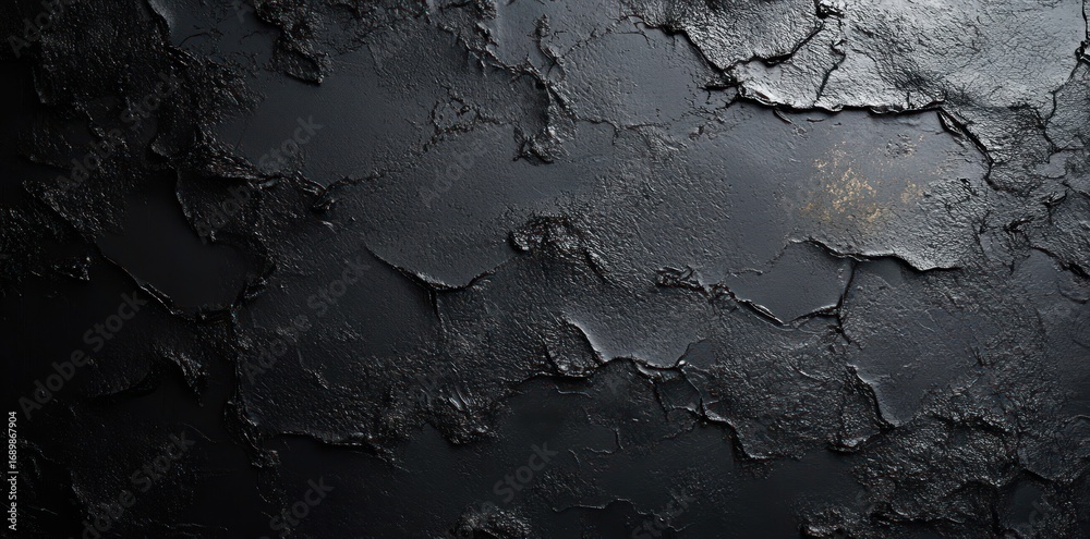 Naklejka premium Close-up of a rough, dark textured surface with peeling layers revealing a rugged, cracked pattern