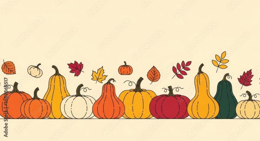 Naklejka premium Colorful Pumpkins and Leaves Autumnal Border Illustration.
