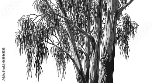 Detailed monochrome illustration of a eucalyptus tree against white background
