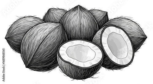 Detailed monochrome illustration of a pile of whole and halved coconuts