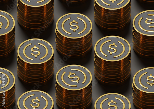 Golden USDC coins isometric seamless patttern. 3d illustration.