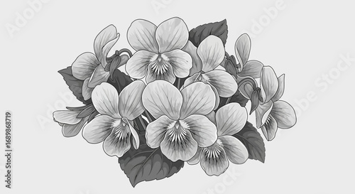 Elegant arrangement of monochrome violet blossoms with detailed leaves