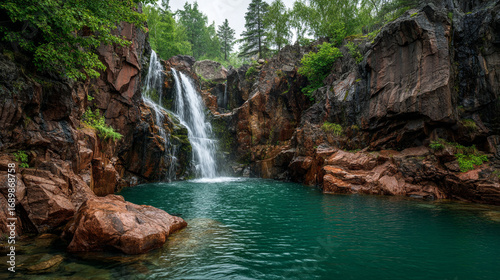 Waterfall cascading into a turquoise pool surrounded by red rocks and lush green trees above