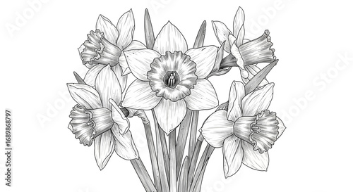 Elegant botanical illustration of daffodil flowers in grayscale detail