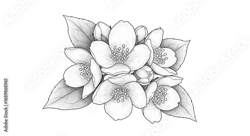 Elegant illustration of blossoming jasmine flowers with leaves and buds