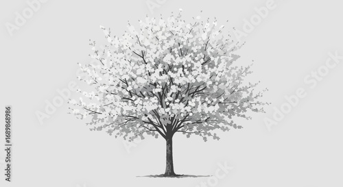 Elegant isolated tree illustration with delicate blossoms in grayscale
