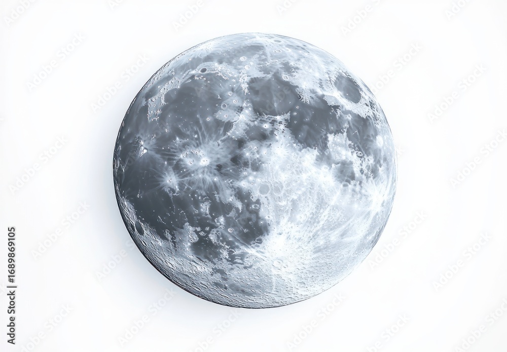 Obraz premium Detailed close-up of the full moon showing surface craters and lunar mare with a glowing white background, evoking a sense of calm and wonder