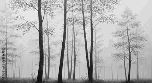 Ethereal monochrome forest with trees shrouded in mist creating a serene atmosphere