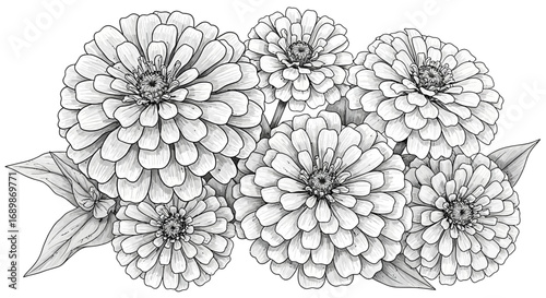 Exquisite monochrome drawing showcasing a delightful arrangement of zinnias
