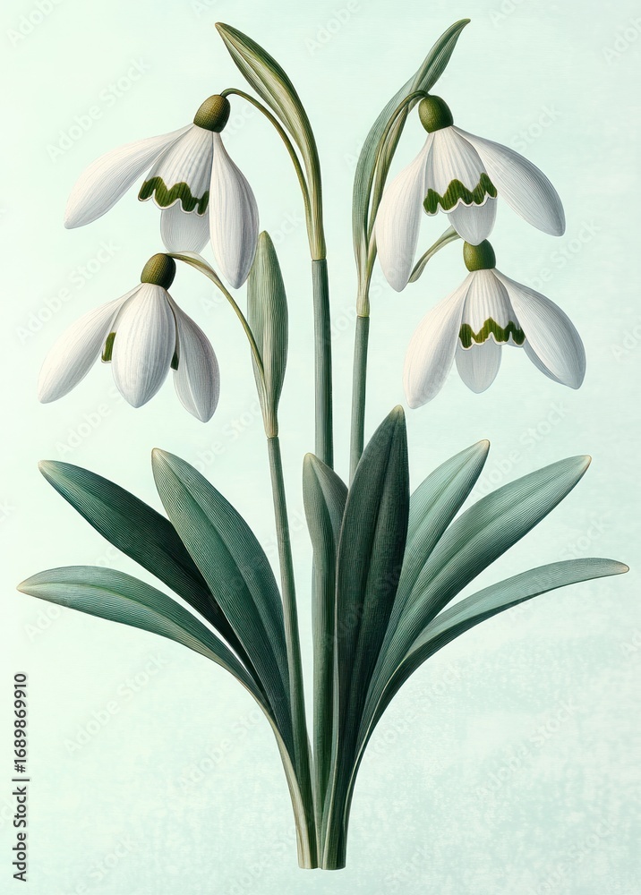 Obraz premium Close-up illustration of a delicate bouquet of white snowdrop flowers with green markings on petals and lush green leaves against a light background