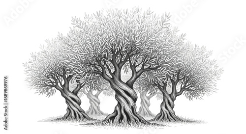 Illustration of a group of olive trees with winding trunks in grayscale