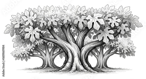 Illustration of multiple connected fig trees with dense foliage on a white