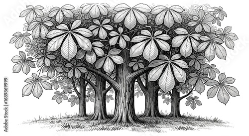 Illustrative Horse Chestnut Trees Forming a Dense Canopy and Grassy Base