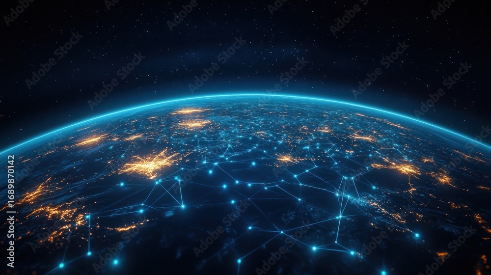 Fototapeta premium View of Earth from space with illuminated city lights and interconnected glowing network lines symbolizing global communication and connectivity under a starry sky