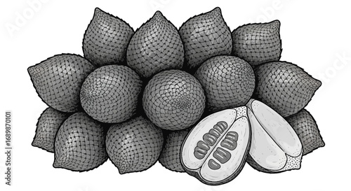 Intricate vector illustration of salak fruits with grayscale shading