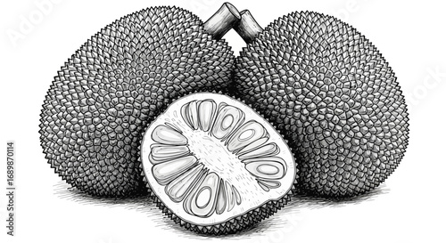 Intricate monochrome rendition of jackfruit composition with cut slice