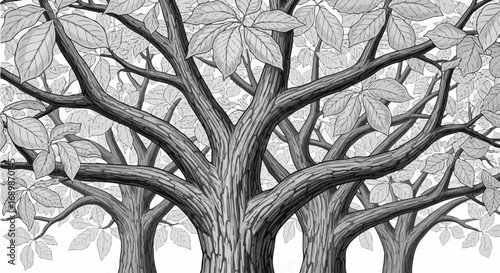 Intricate woodland canopy monochrome illustration with delicate leaf textures