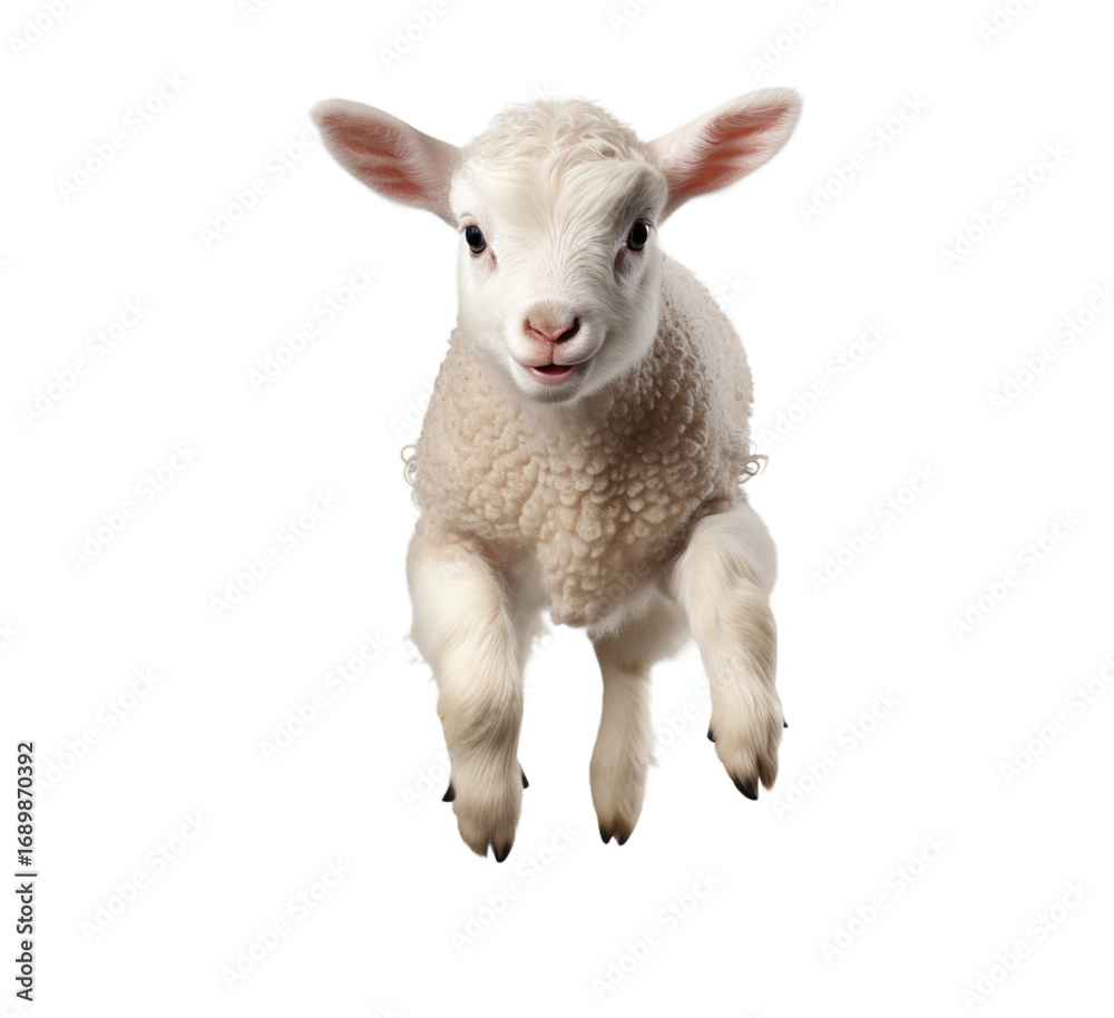 Fototapeta premium Innocent Lamb Leap: A Young Sheep in Mid-Air transparent background png