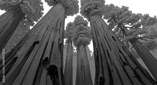 Majestic redwood forest canopy rising high in monochrome illustration