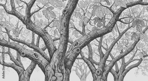 Monochromatic arbor expanse showcasing textured bark and scattered foliage