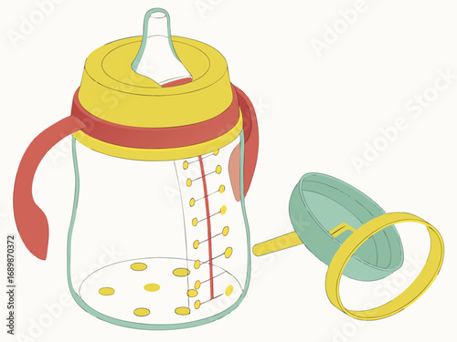 Transparent plastic child sippy bottle with handle and nipple vector illustration