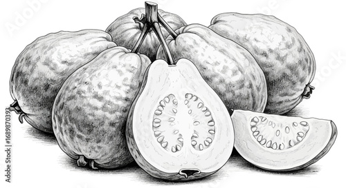 Monochromatic arrangement of several guavas with a sliced fruit section