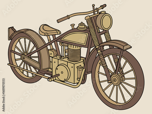 Detailed brass 3d early steam powered motorcycle replica vector illustration